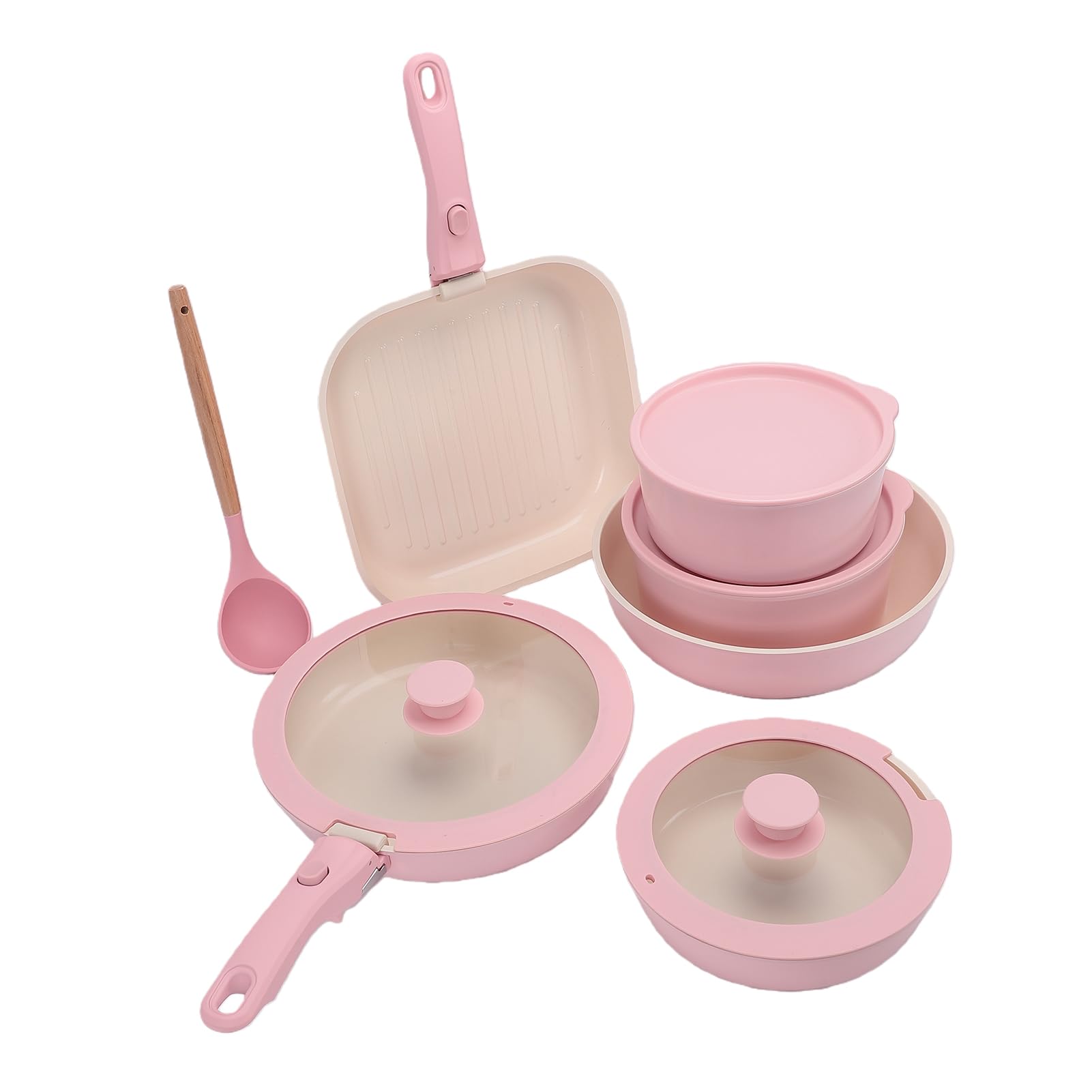 Qcwwy Antihaftbeschichtetes Kochgeschirr-Set, Aluminium, für Induktion Geeignet, Ofenfest, Spülmaschinenfest, Stapelbar, mit Abnehmbarem Griff für Kleine Küchen und Wohnmobilreisen