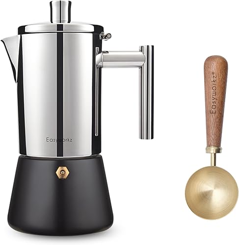 Easyworkz Diego - Cafetera de café expreso de acero inoxidable de 12 tazas de 17.5 onzas, cuchara de café retro de acero inoxidable con mango de