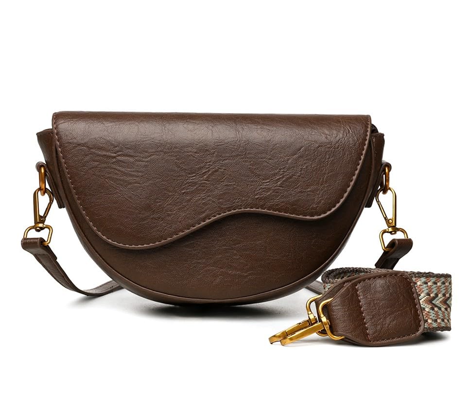Brown Saddle Crossbody Bag with Dual Straps, Faux Leather-image-49