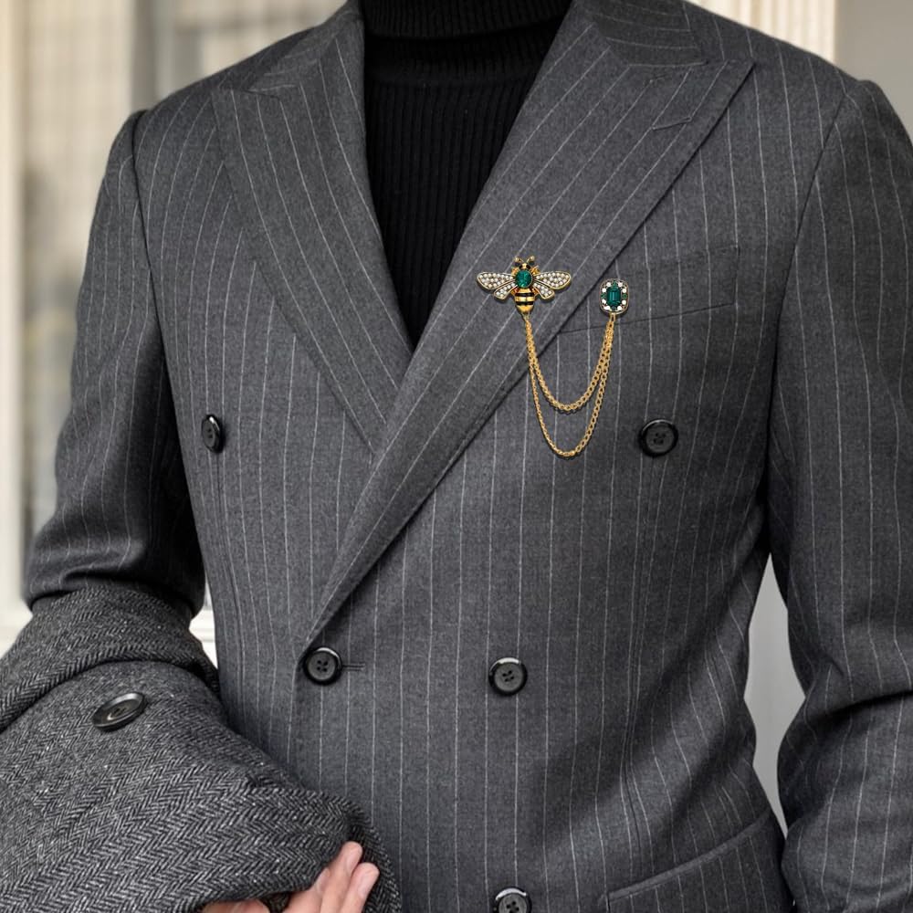 Crystal Insect Bee Brooch Pin Vintage Long Tassel Bee Chain Lapel Pin Rhinestone Bee Corsage Suit Jacket Brooch Pin Jewelry for Women Men Gifts