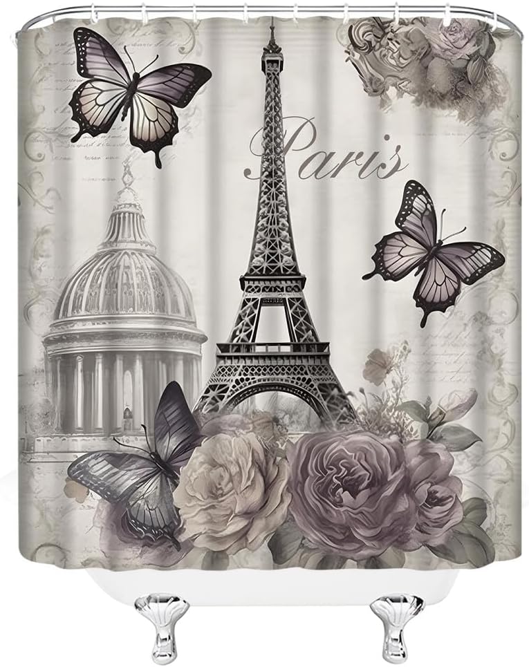 Pairs Eiffel Tower Shower Curtain Vintage European Castle in Renaissance Abstract France Paris Romantic European Castle Rustic Floral Butterfly Fabric Bathroom Decor Curtains with Hooks,70 x 80