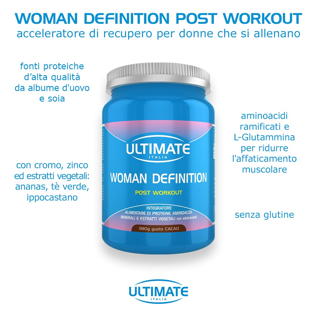 Ultimate Italia - Woman Definition Post Workout - 280g - gusto cacao - integratore per il recupero post allenamento con proteine, aminoacidi, minerali ed estratti vegetali, senza glutine