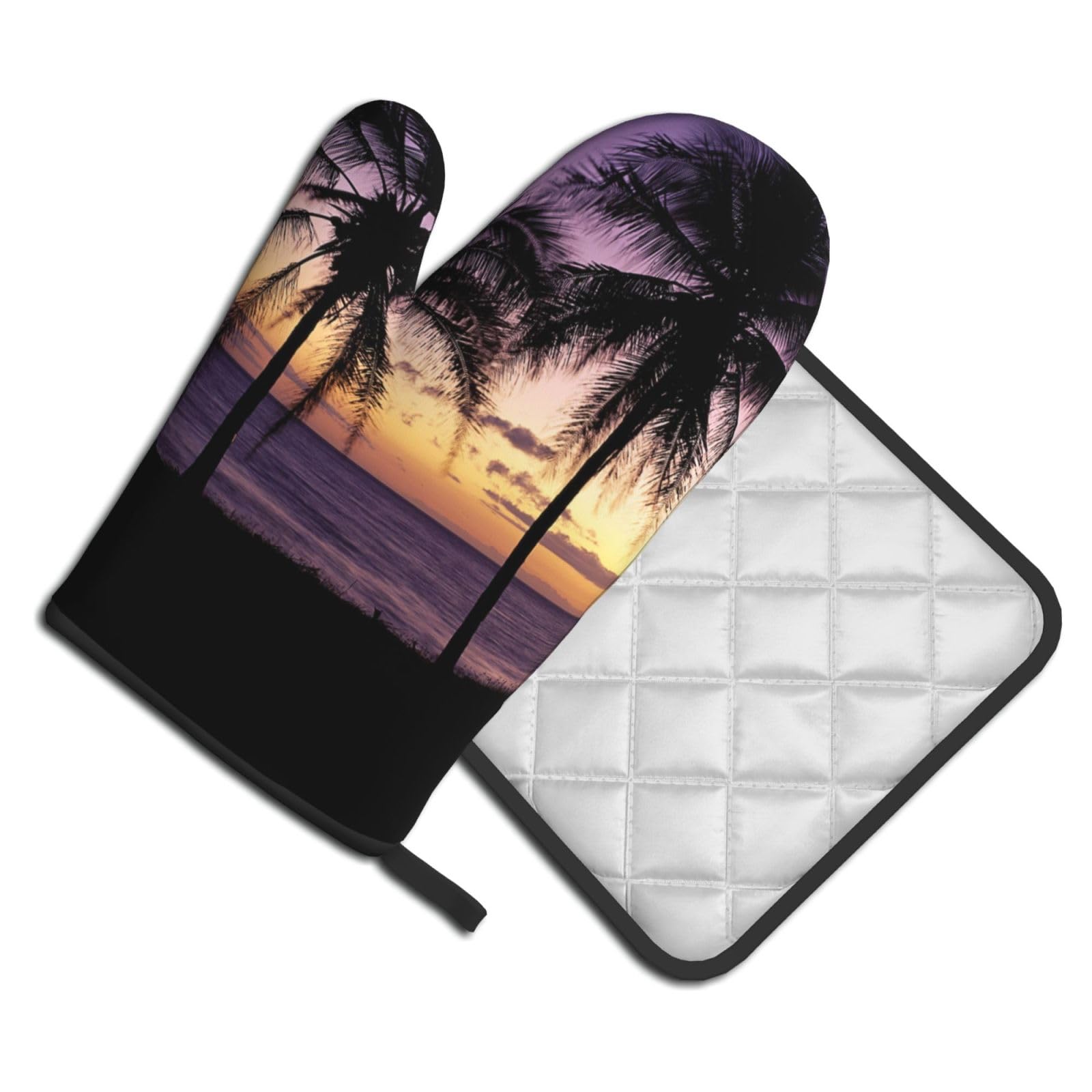 Oven Mitts and Pot Holders Set of 2 Pcs, Sunset Beach Palm Tree Printed Heat Resistant Kitchen Gloves Potholders for Cooking Baking Grilling