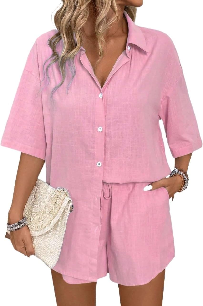 Women's 2-Piece Solid Color Short Sleeve Shirt And Shorts Set Casual Summer Outfit