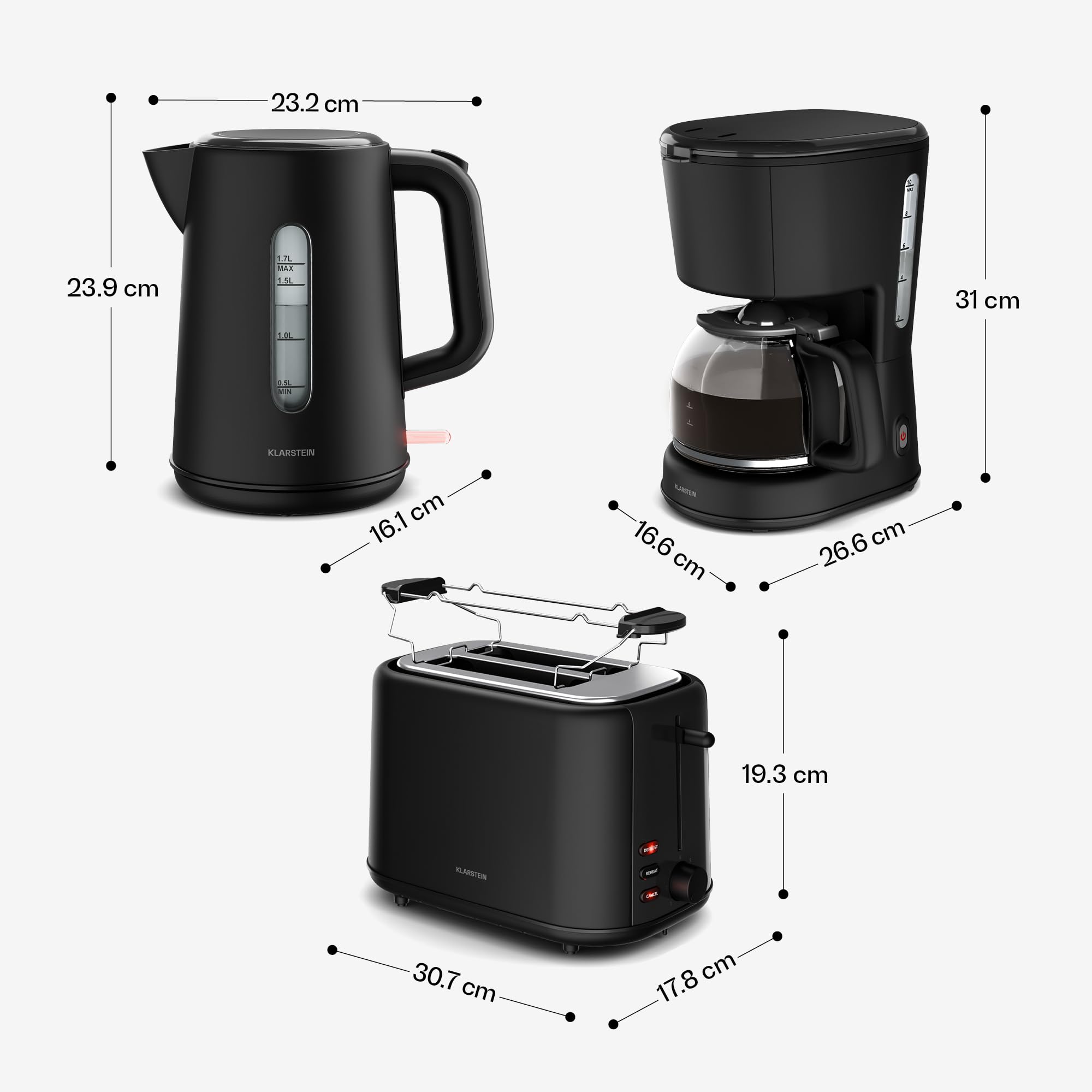 Klarstein Velaire Set per la Colazione Completo – Tostapane 2 Fette 7 Livelli, Bollitore Elettrico 1,7L, Macchina da Caffè con Filtro 10 Tazze, Design Moderno, Supporto Panini
