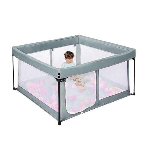 Corralito portátil para bebés con suelo acolchado, patio de juegos plegable para bebés y niños pequeños, cerca para interiores y exteriores (gris,
