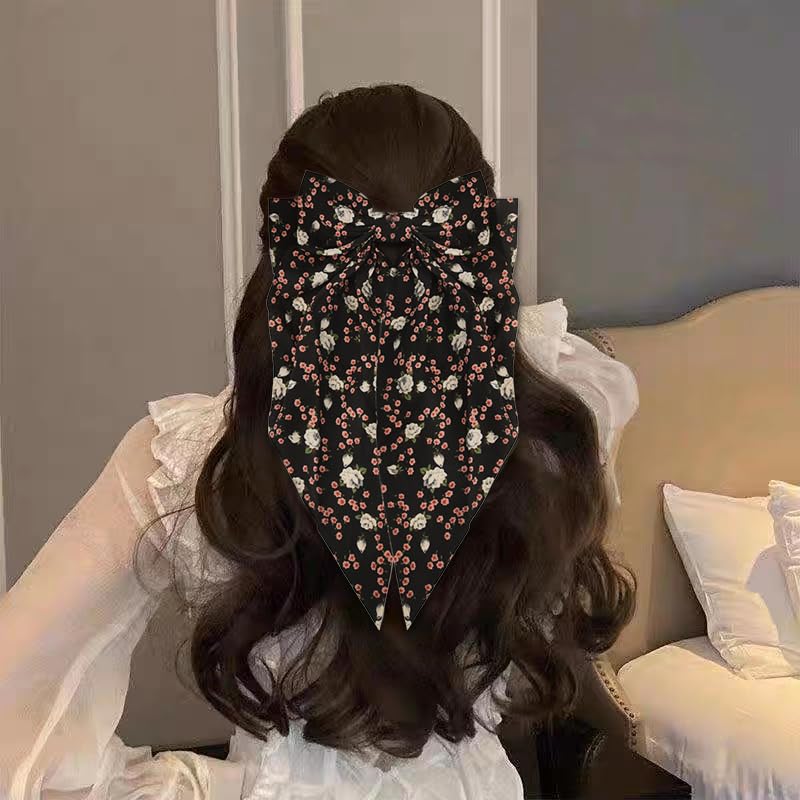 Miniatura 6 de Pinzas de lazo grandes para mujeres y niñas con cinta de cola larga, lazo floral negro, pasadores franceses, pinzas de lazo de satén sedoso para el