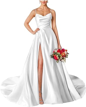 Womens Spaghetti Strap Satin Wedding Dress for Bride A Line Long Formal Bridal Dress with Slit