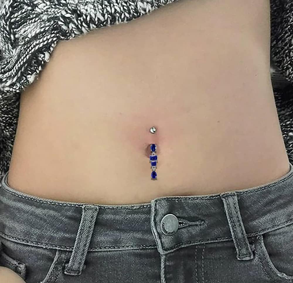 Oval with 2 Square and Teardrop Dangling Design 925 Sterling Silver with Stainless Steel Belly Ring - Belly Button jewelry - Navel jewelry