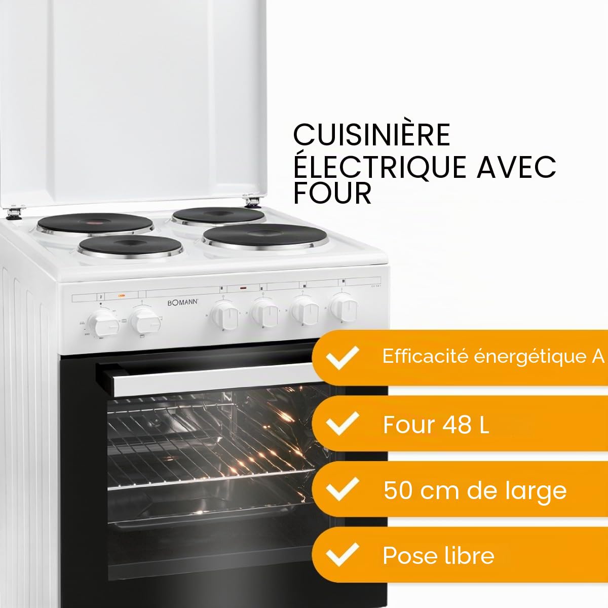 Boman, Cuisinière Electrique 4 plaques et four de 48L, Largeur 50 cm, cuisine avec plaque couvre-feu, allumage manuel, 4 foyers avec commandes, Energie A