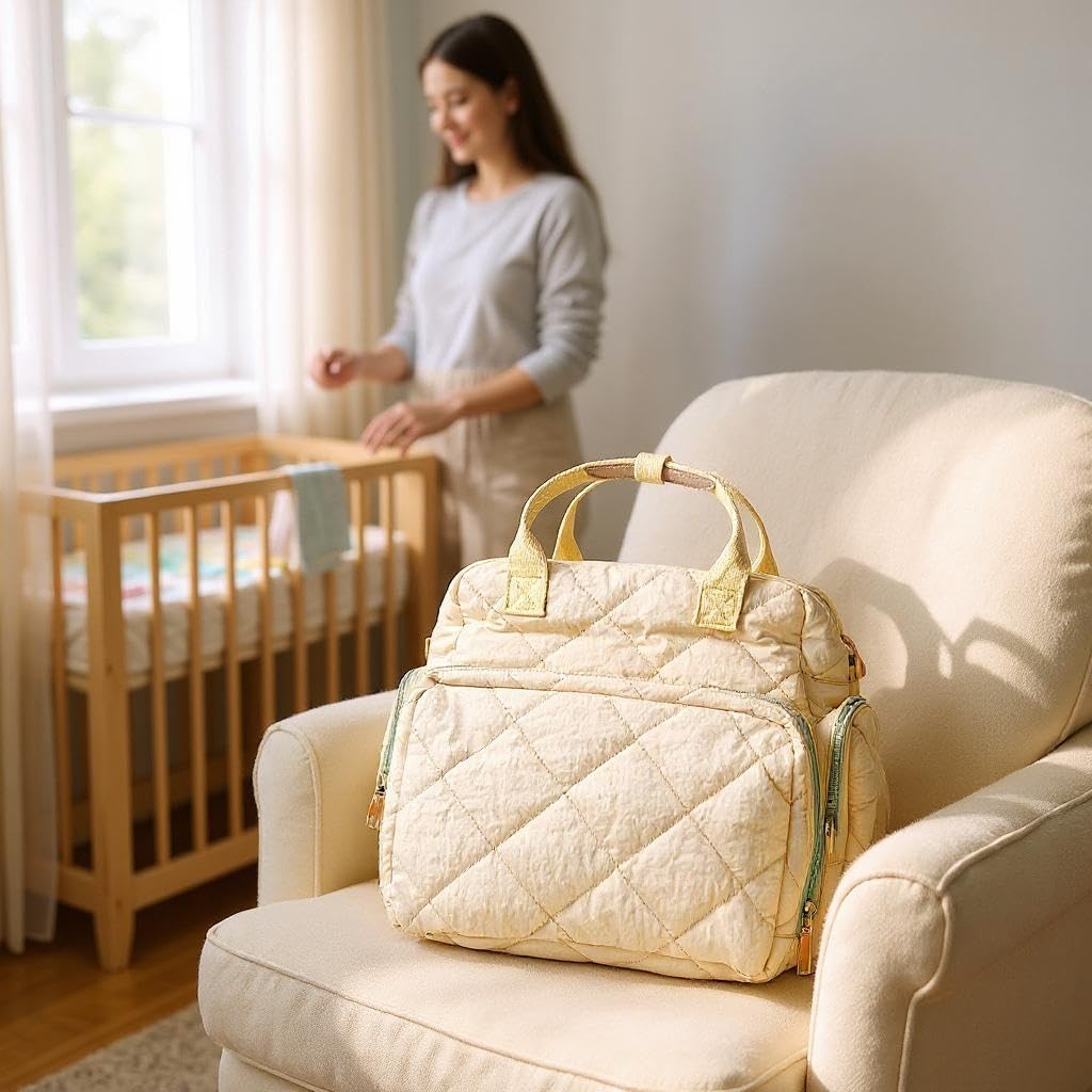 Tristan Home Quilted Diaper Bag Backpack – Insulated Bottle Pockets, Maternity Hospital Travel Bag for Moms (Beige)