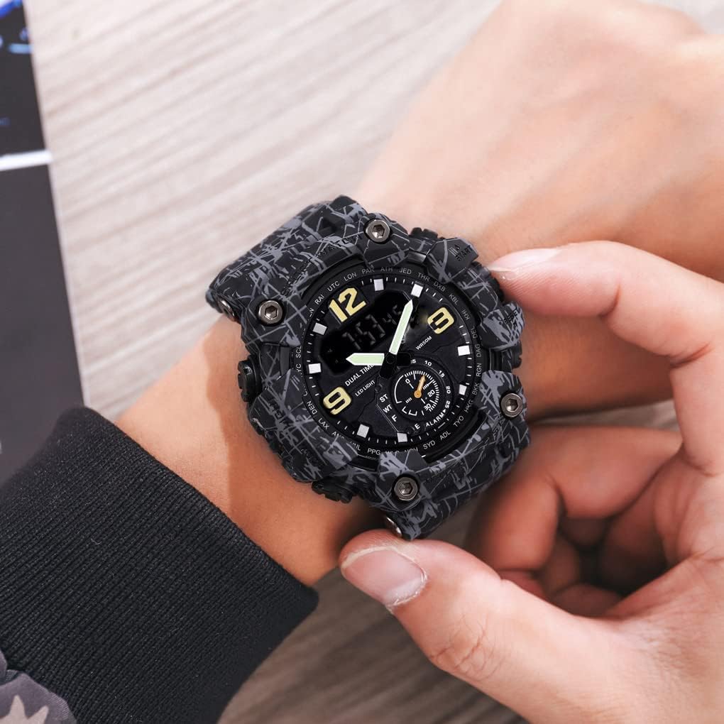BESTKANG Large Face Outdoor Digital Sports Watches Mens Dual Dial Tactical Waterproof Watches LED Backlight Stopwatch Alarm Watch for Men