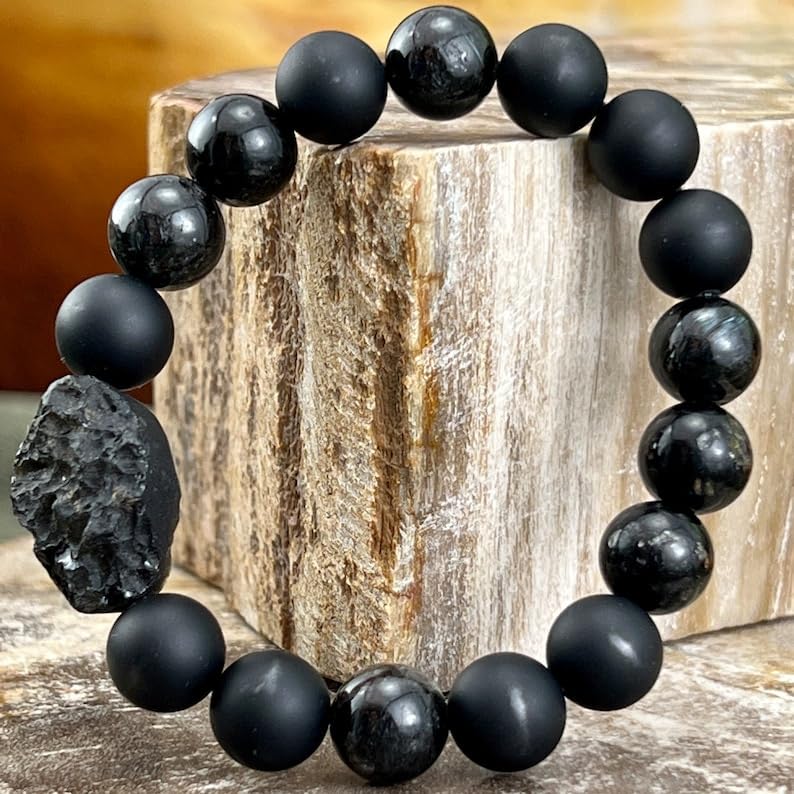 LKBEADS Natural Tektite, Phlogopite, Astrophyllite & Onyx 8mm rondelle smooth 7inch Semi-Precious Gemstones Beaded Bracelets for Men Women Healing Crystal Stretch Beaded... - Image 4