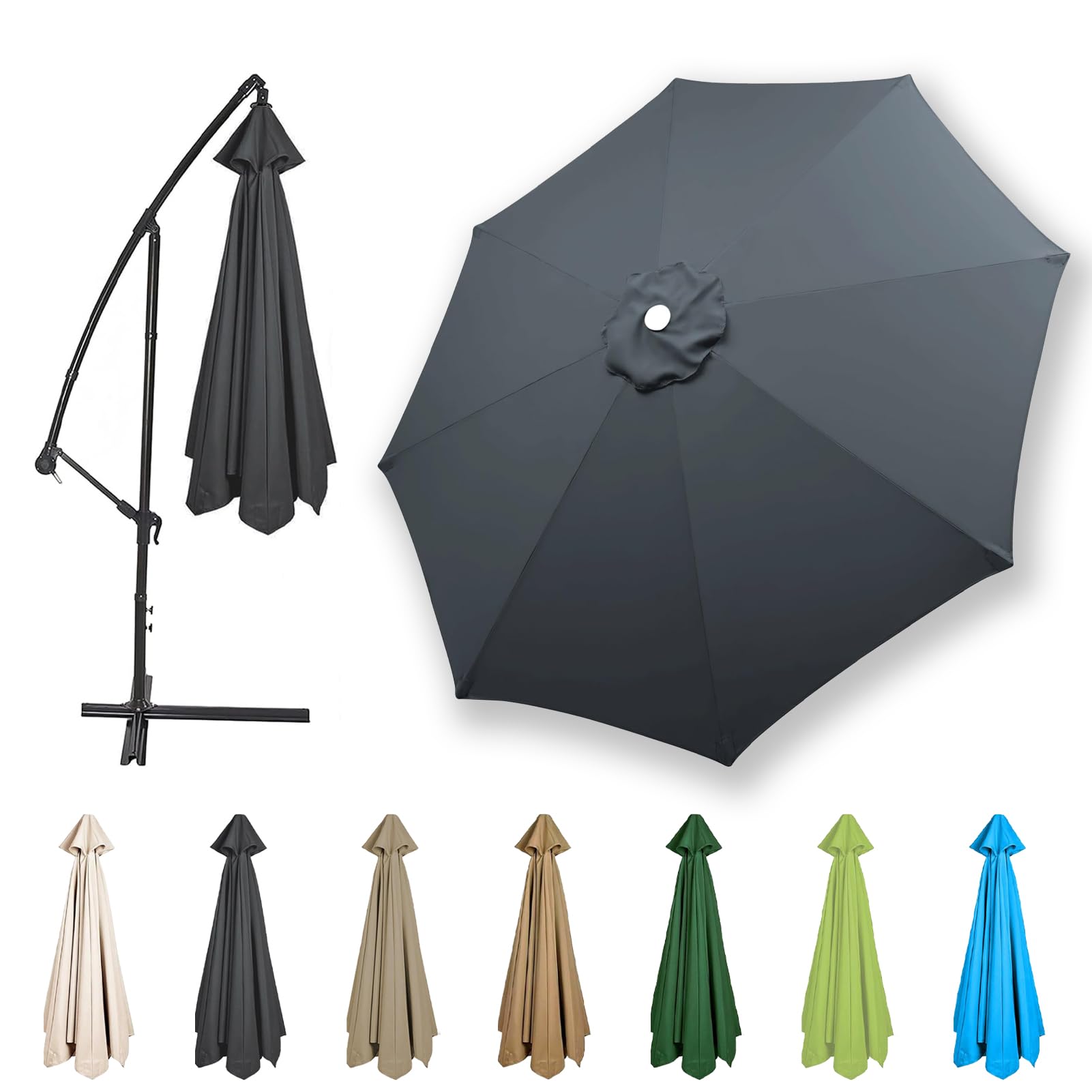 HonunGron 2.7m/3.0m/3.5m/4.0m Replacement Parasol Canopy, 6Ribs/8 Ribs Garden Umbrella Replacement Parasol Fabric, UV 50+ Protection For Garden Yard Beach Umbrella (Grey,4.0m / 8 Ribs)