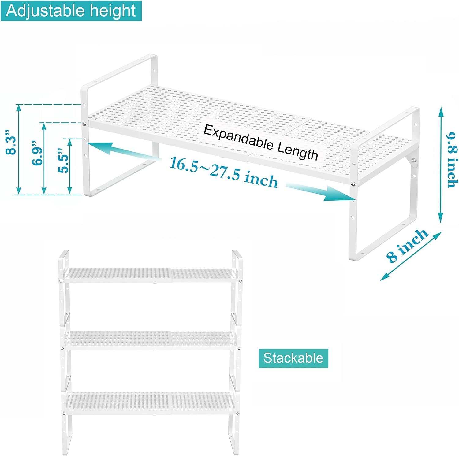 IPEGTOP 2-stöckiges Ausziehbares Schrankregal Metall, Stapelbarer Küchen Organizer & Gewürzregal, Höhenverstellbar, Schmal & Stabil für Arbeitsplatte, Schrank, Speisekammer & Bad