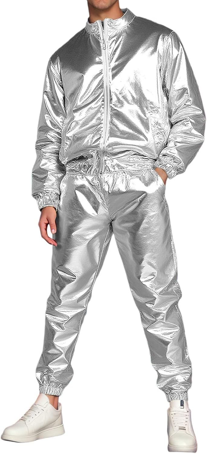 Men's Metallic Jacket and Pants Set Jacket Long Sleeve Oversized Cozy Sweatsuits Sports Gym Breathable Fancy Soft Clothes