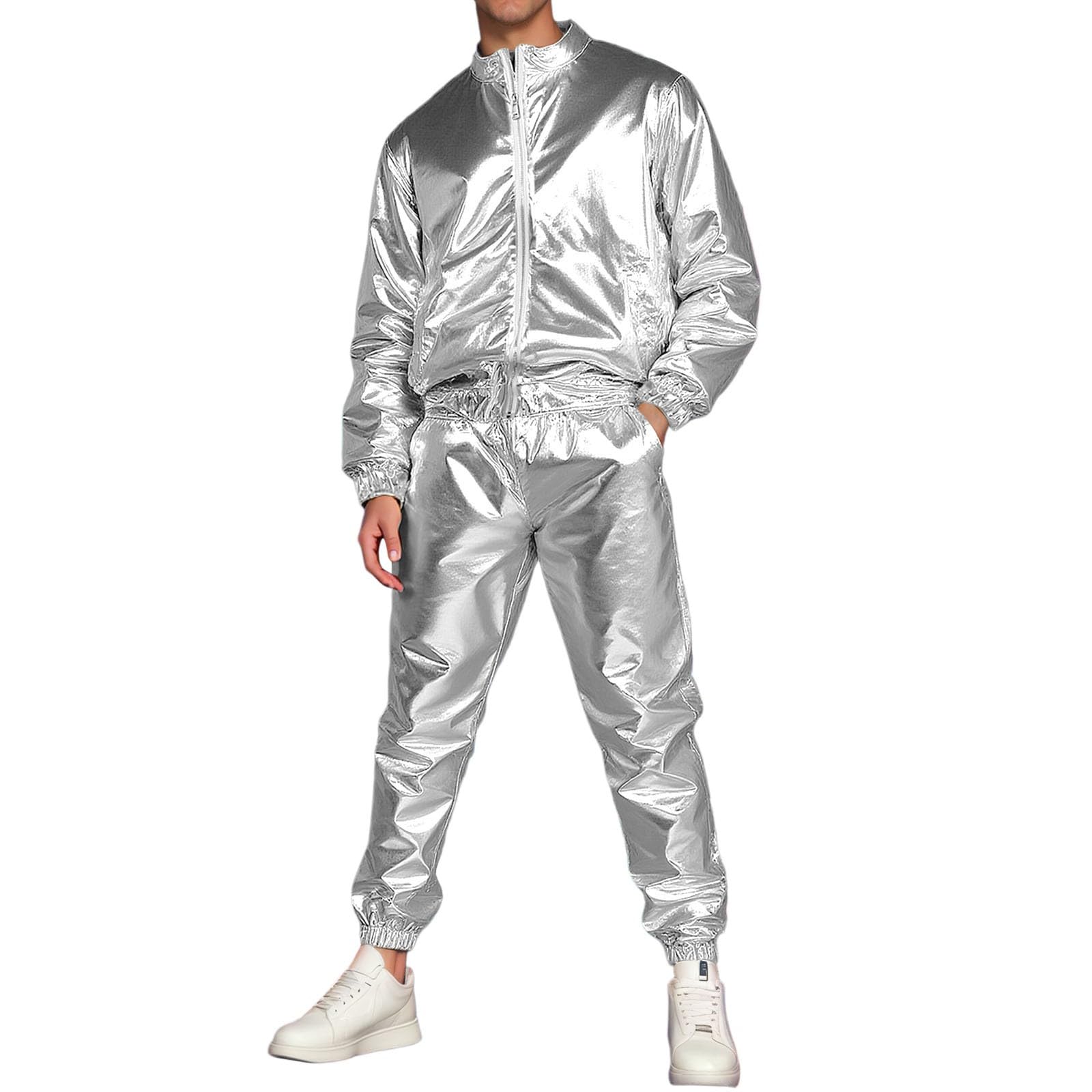 Caxndycing Metallic Suit Men's Shiny Tracksuit Long Sleeve Stand-Up Collar Bomber Jacket and Trousers 70s 80s Hippie Disco Outfit Clubwear Theme Party Halloween Costume, silver, 3XL โ image 1