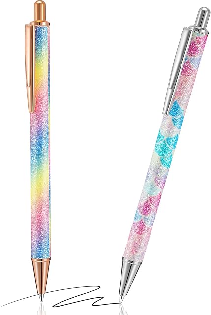 2 Pcs Ballpoint Pens Glitter Click Ball Pens Journaling Pens Cute Women Bling Ink Pens Easy Writing Pens Metal Retractable Pen Black Ink Medium Point Pens 1mm for School and Office