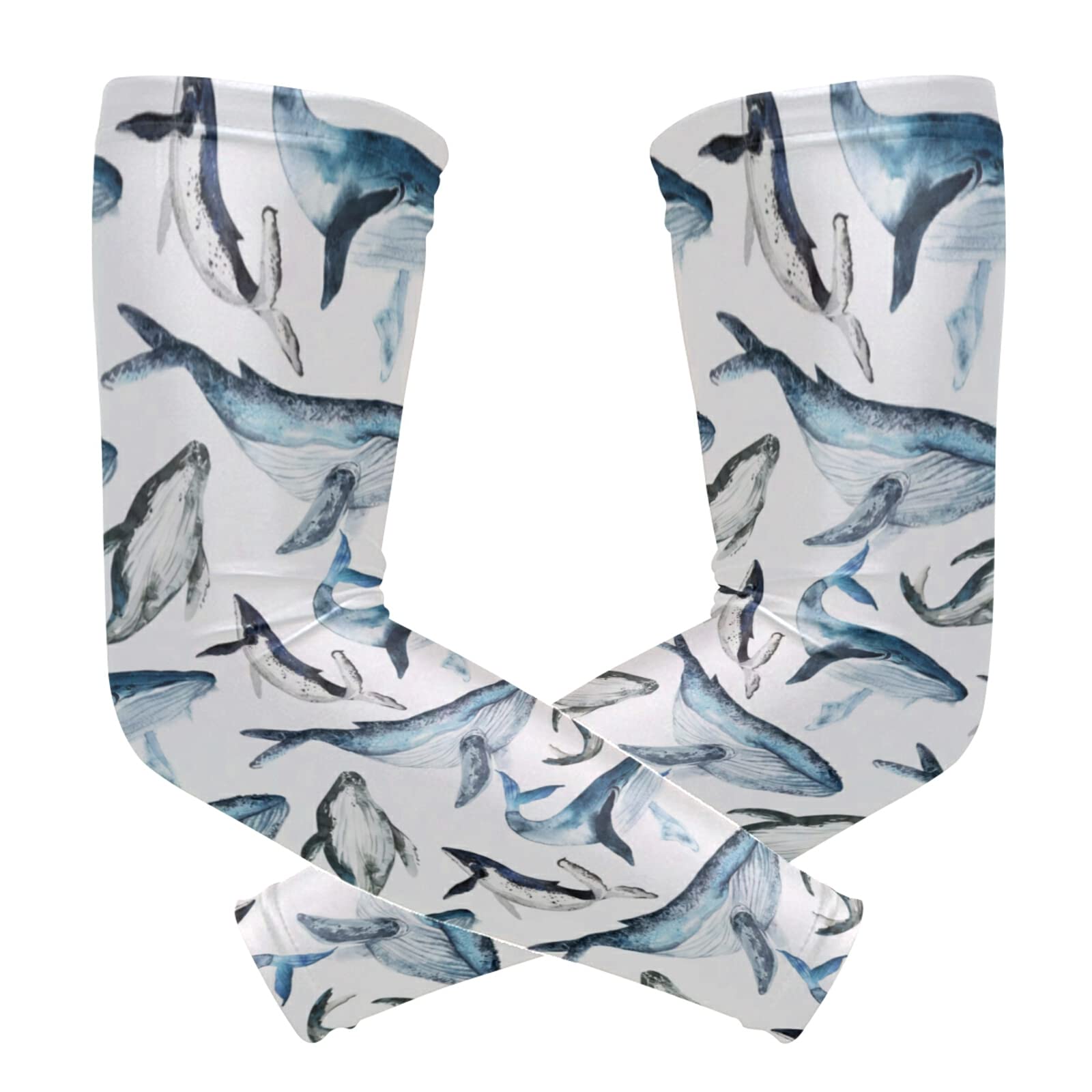 Seamless Swimming Blue White Hand Drawn Watercolor Whales on White 1 Pair Cooling Sports Arm Sleeves, Cover Uv Sun Protection Warmer for Sports Men Women Running Golf Cycling Riding Jogging