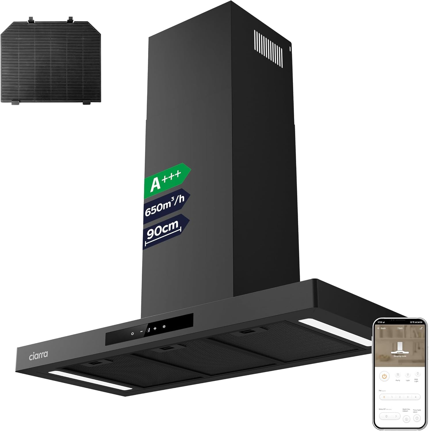 CIARRA CBCB9102-P A+++ Cappa Aspirante 90 cm Nero - 650 m³/h, 4 Velocità con Booster e Filtro Carbone CBCF004, Ricircolo o Scarico