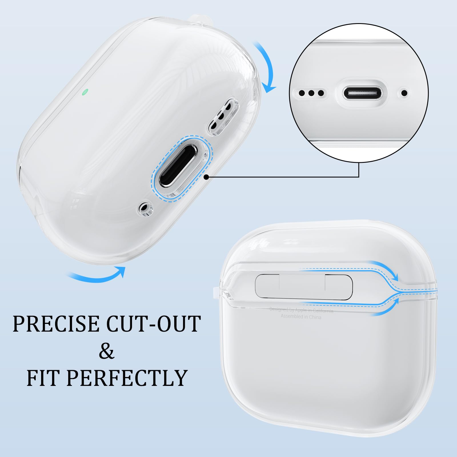 Coque Silicone AirPods 4 2024 Anti-Choc Transparent avec LED Visible, Kit Nettoyage, Porte-clés et Cordon