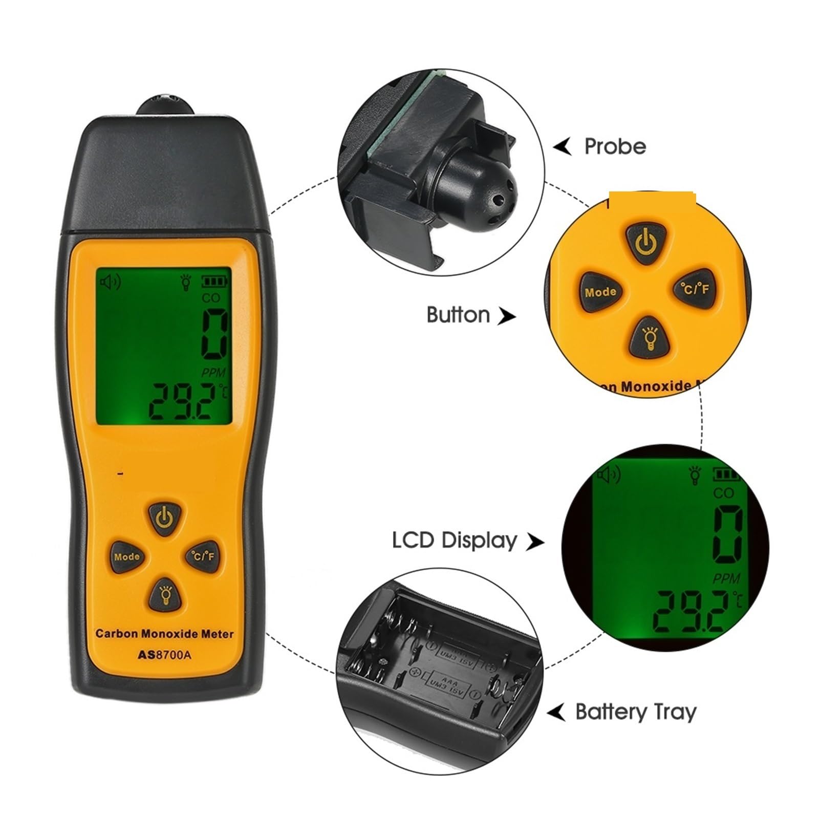 Misuratore di monossido di carbonio con rilevatore di gas CO ad alta precisione, display LCD, allarme sonoro e luminoso, 0-1000 ppm Alta sensibilità, risposta rapida