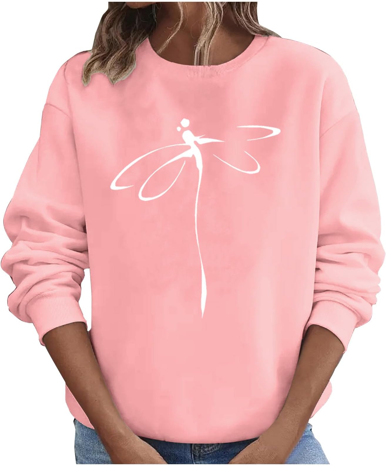 Womens Funny Graphic Sweatshirts O Neck Fall Fashion Clothes Comfy Long Sleeve Casual Dragonfly Print Pullovers Tops