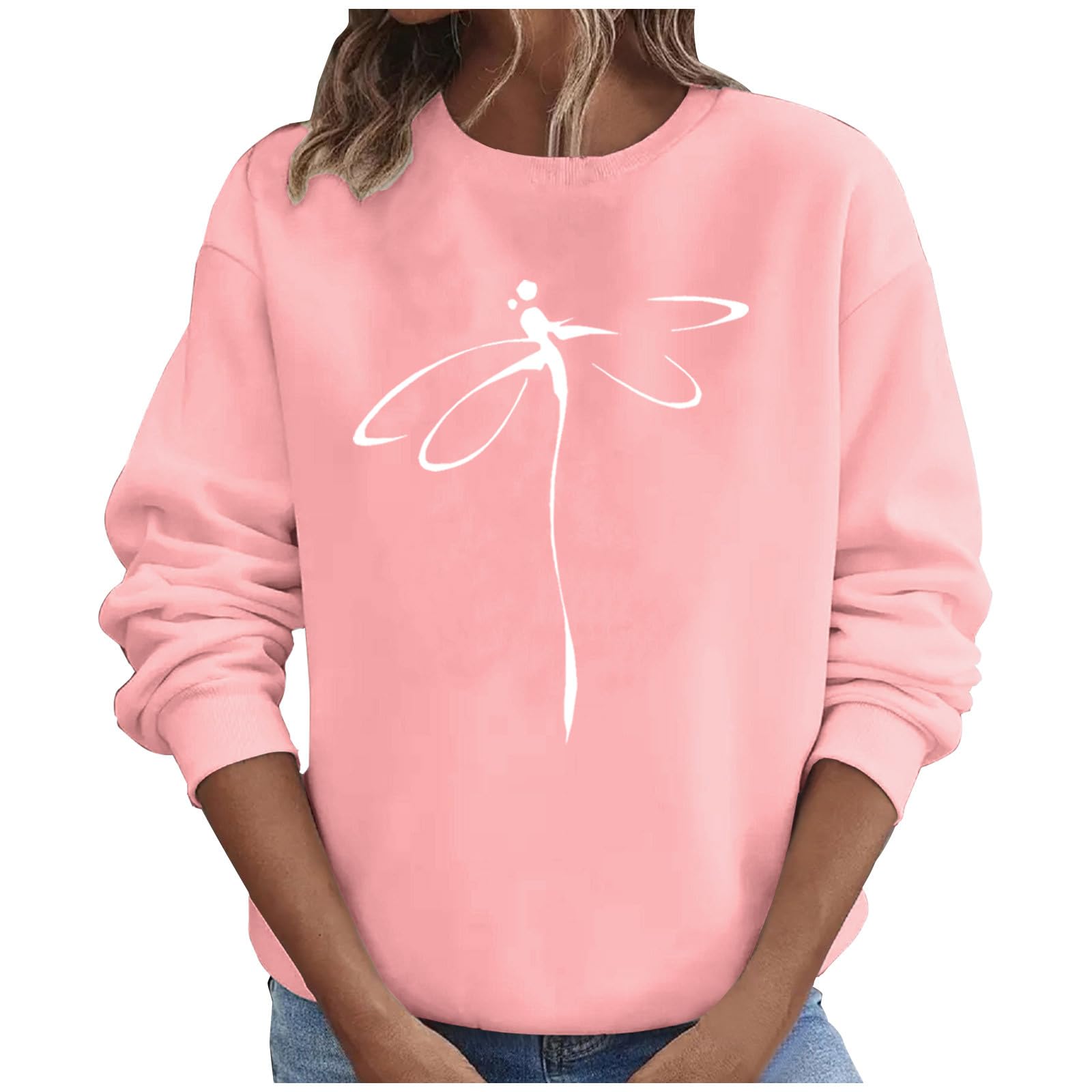 Womens Funny Graphic Sweatshirts O Neck Fall Fashion Clothes Comfy Long Sleeve Casual Dragonfly Print Pullovers Tops