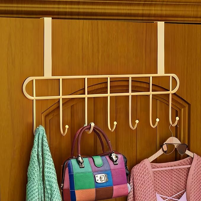 STEFFAN Steel Over The Door Hook Hanger | No Drill Hanging Organizer Rack for Shirts, Belts & Accessories | Door Hook for Bedroom, Bathroom & Kitchen (7 Hook Door Hanger Gold, 1)