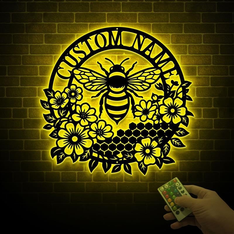 Personalized Bee Metal Sign Personalized – Custom Honey Bee & Honeycomb Metal Wall Art, Round Farmhouse Bee Decor for Home, Garden, Porch image 4