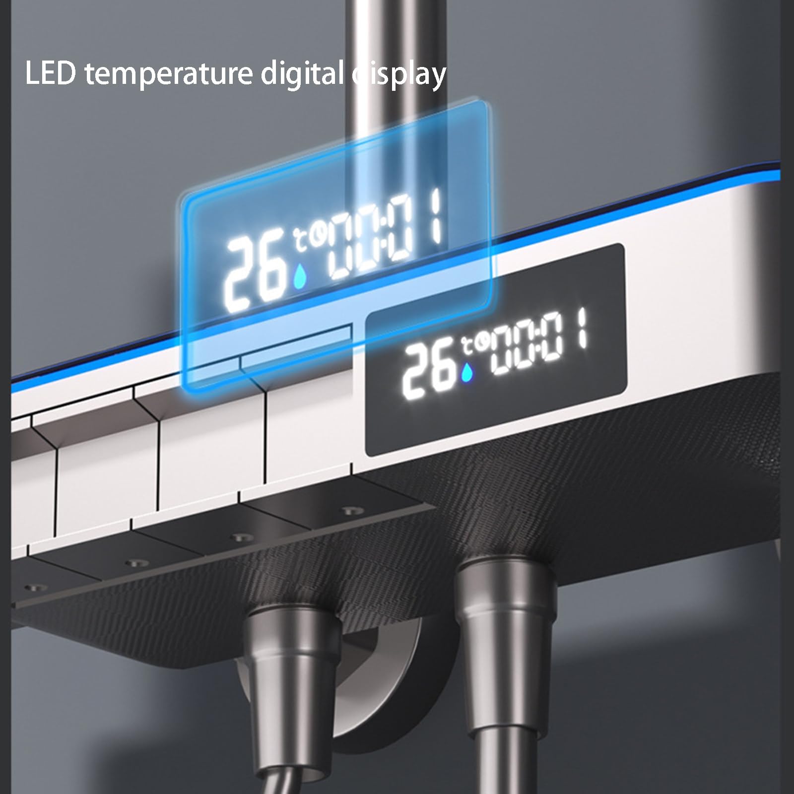 Set Doccia termostatico a 4 funzioni con Rubinetto e Display Digitale, soffione da 12", doccetta, doccetta per Bidet, beccuccio per Vasca, Grigio