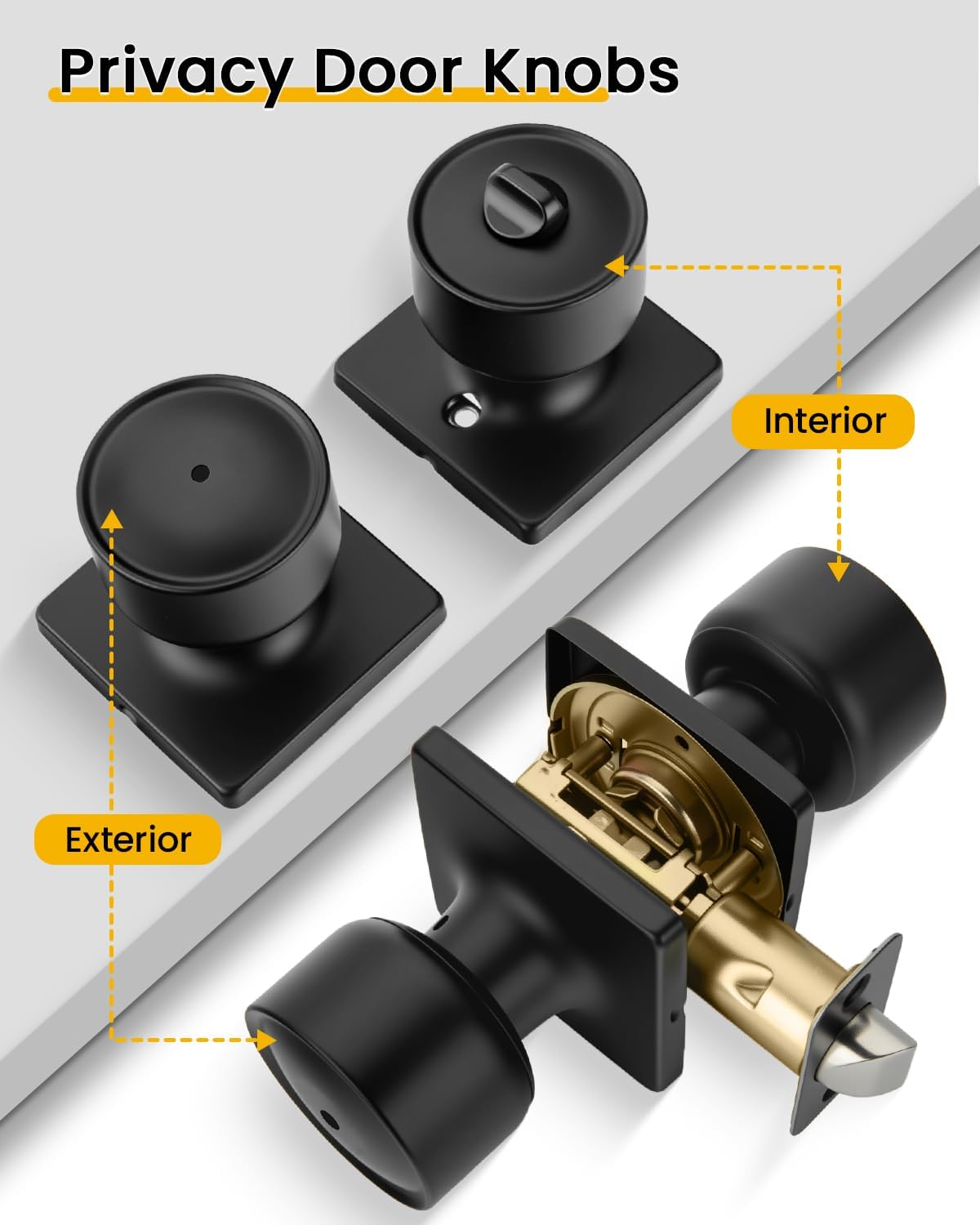 Goldenwarm Matte Black Door Knobs Interior, Keyless Bedroom Door Knob Privacy Hole, Morden Black Interior Door Knobs Square Plate 6 Pack
