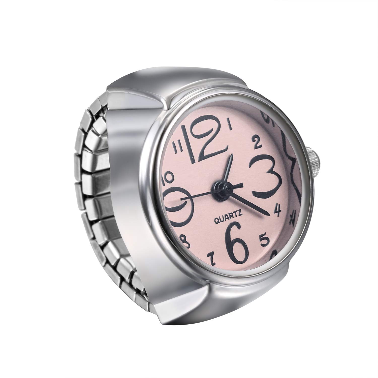 JewelryWe Finger Watch Analog Quartz Ring Watch Elastic Silver Band