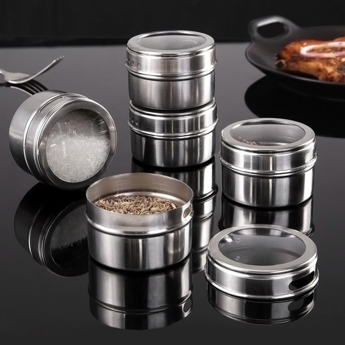 Boîte à Épices Argenté avec Couvercle Transparent en Acier Inoxydable Magnétique et Double Tamis, Lot de 8 Pièces avec Rangement Suspendu Pratique Cuisine