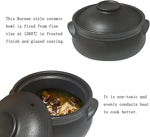 Miniatura 3 de Cazuela de cerámica coreana de cerámica negra con tapa, para cocinar olla caliente Dolsot Bibimbap y sopa (37.2 fl oz)