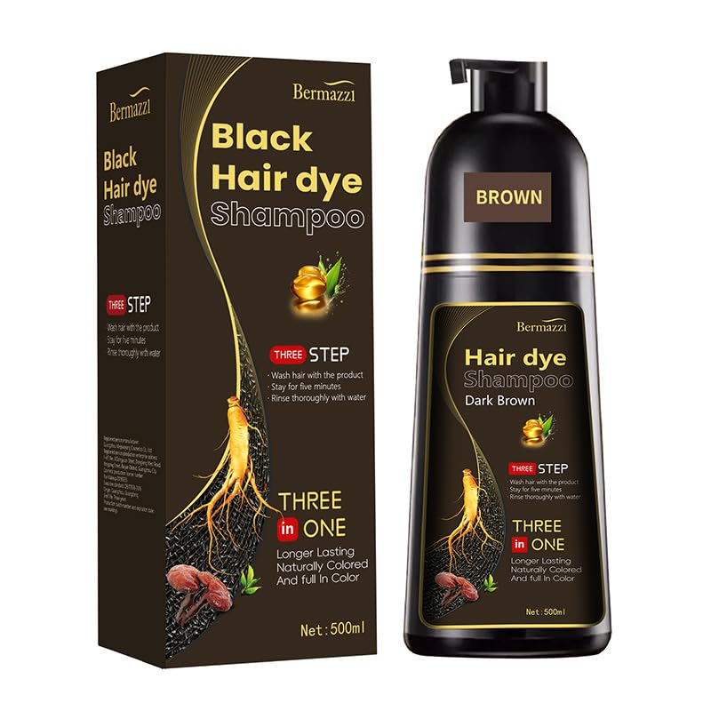 LonmeHair Dye Shampoo 3 in 1 for Gray Hair, Herbal Ingredients Shampoo for Women Men, Grey Coverage Shampoo (Brown)