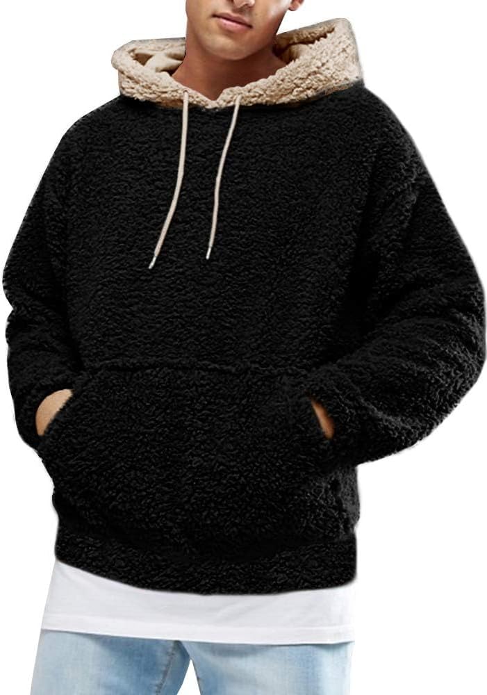 Runcati Mens Fuzzy Sherpa Pullover Hoodie Sweatshirts Long Sleeve Sport Front Pocket Military Fall Outwear Winter Hooded