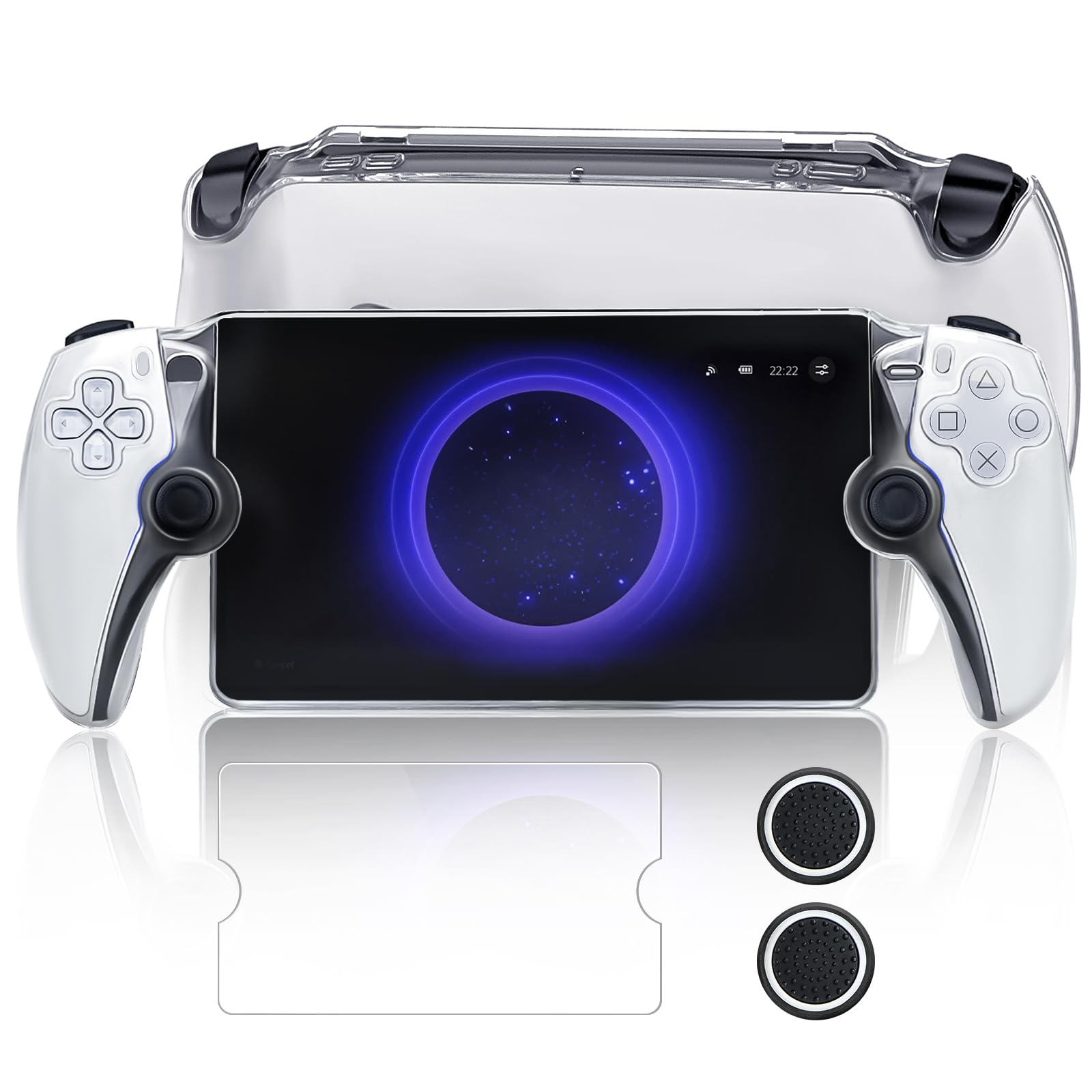 Case for Playstation Portal,PS5 Portal Protective Case with Ergonomic Grip& Game Machine Screen Protector and 2 Thumb Stick Caps Transparent PC Case Protective Cover Sleeve Console Accessories
