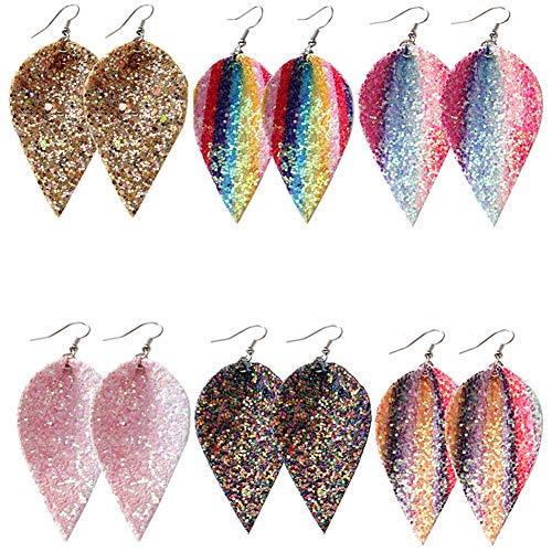 lureme Faux Leather Earrings Set for Women Lightweight Teardrop Handmade Leaf Earrings (er006191-7) 6 Pairs Glitter Leaf
