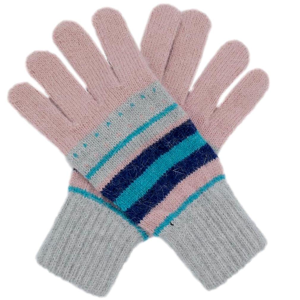 Purple Possum Women's Pink Purple Possum® Striped Gloves Knitted Wool Angora Stripes Stripy Warm Winter (Pink)