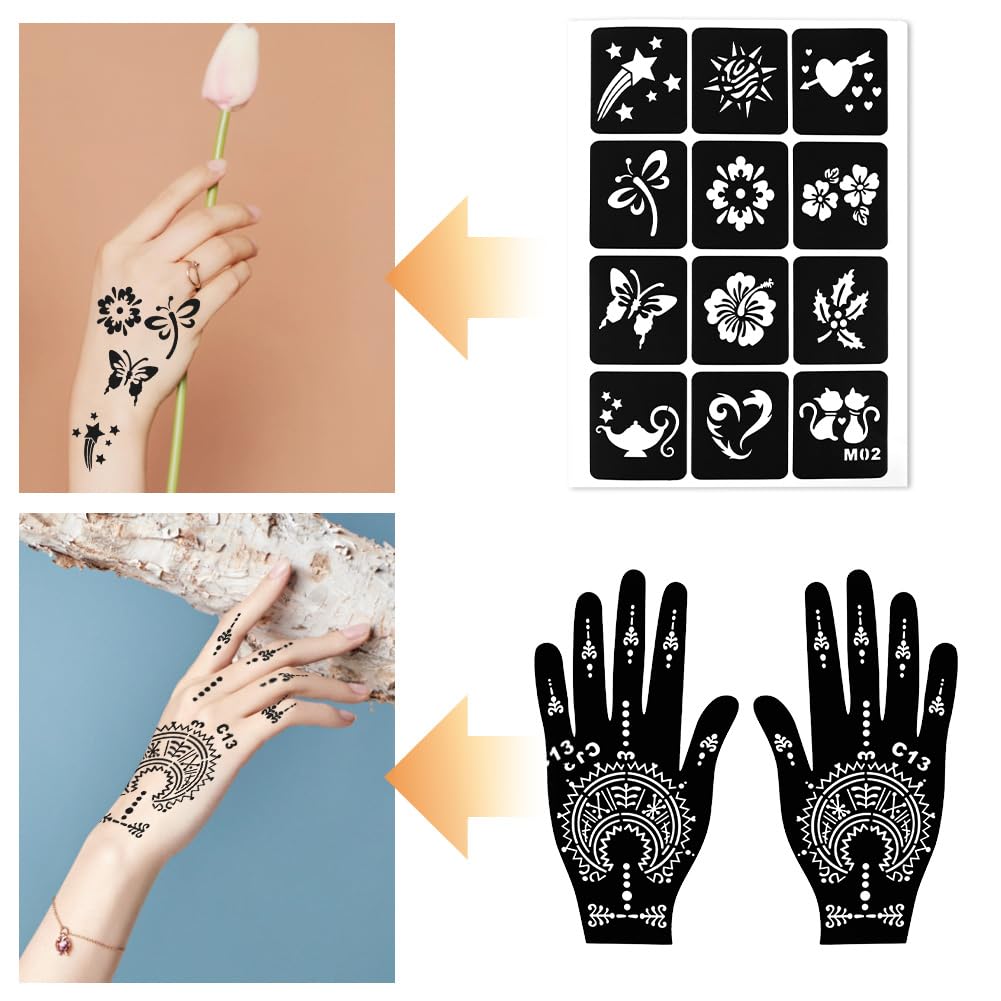 Alaoo 14 Sheets Temporary Tattoo Stencil Kit,Reusable Face Tattoo Stencil,Black Body Stickers for DIY Art Halloween Holiday Party Makeup Body Art Painting - Image 4