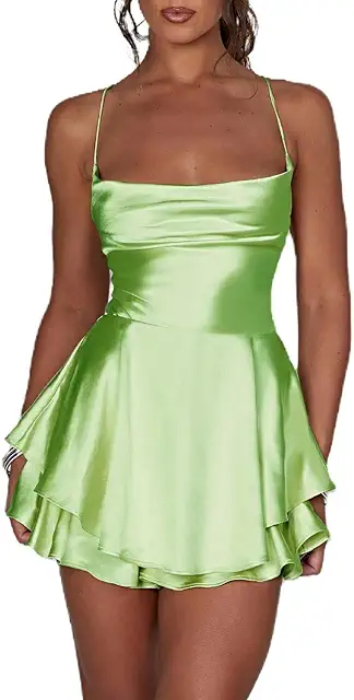 Green Satin Backless Mini Romper Dress with Shorts & Spaghetti Straps