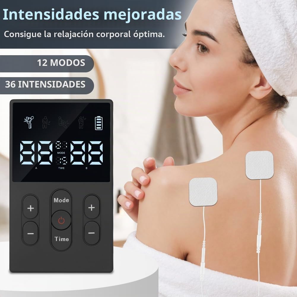 Aolso Electroestimulador Muscular, TENS Doble Canal Estimulador Electrico Recargable con 12 Modos y Función Masaje, Para Aliviar el Dolor Muscular de en la Espalda, Piernas el Cuello y los Hombros