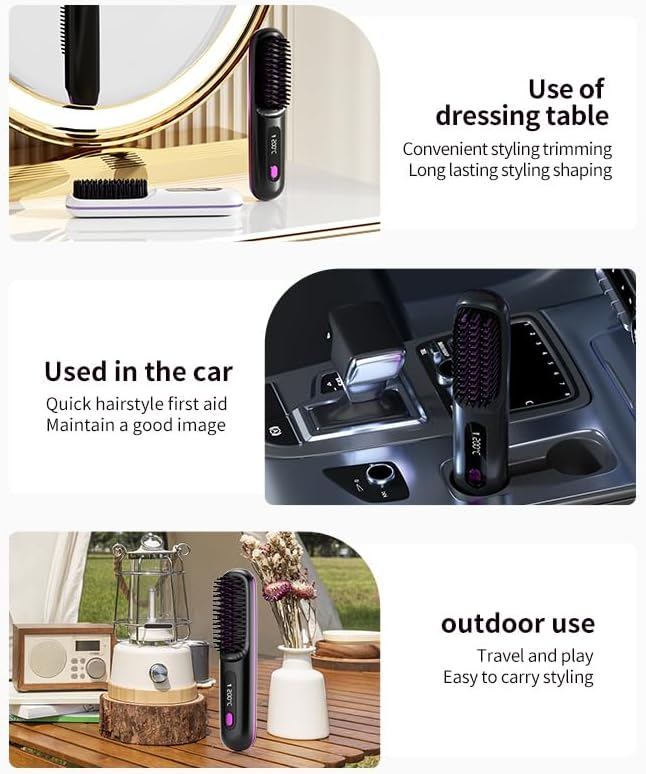 2026 New Go Brush Pro for Short Hair, Portable Straightener Brushs for Travel, with LCD Temperature Display,Fast Heating Cordless Mini Hair Brushs Styling Tools (Purple) - Image 4