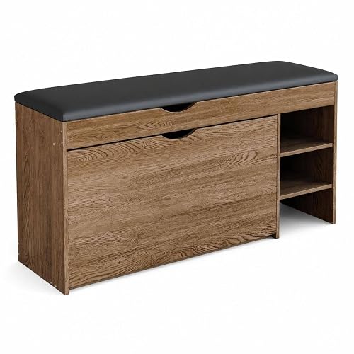 AERUPHOL Shoe Storage Bench with Cushion, Rotating Rack for Entryway | Solid Rubberwood, Holds Up to 400 lbs, Rotating Rack for 12 Pairs, Waterproof MDF, Cushioned Seat, No Tools Assembly