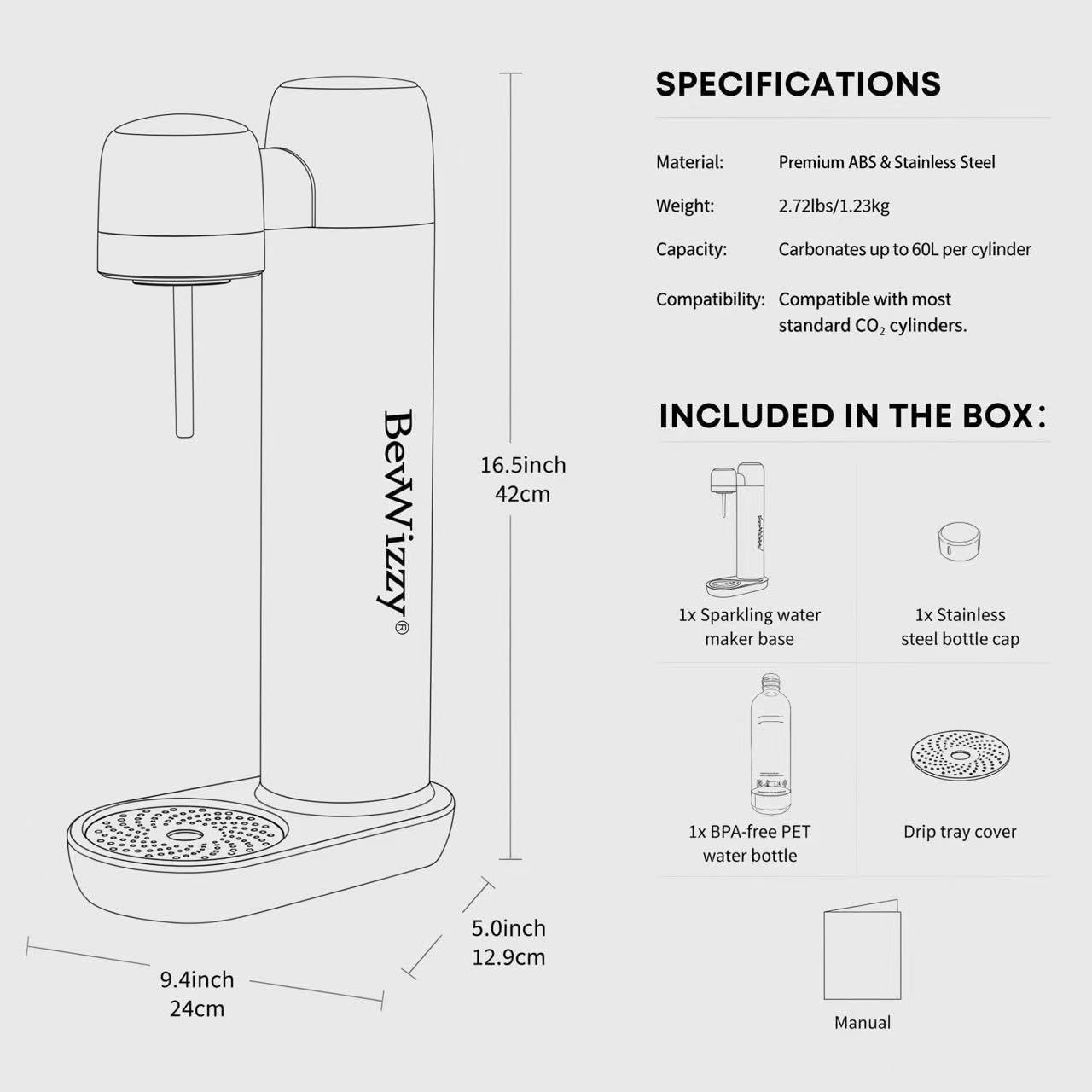 Non-Electric Soda Maker-Creates Seltzer & Fizzy Water for Home Use | Easy to Use & Clean, Diet-Friendly Sparkling Water Maker with Safety Release, 1L PET Bottle, No CO₂ Cylinder Included, Black