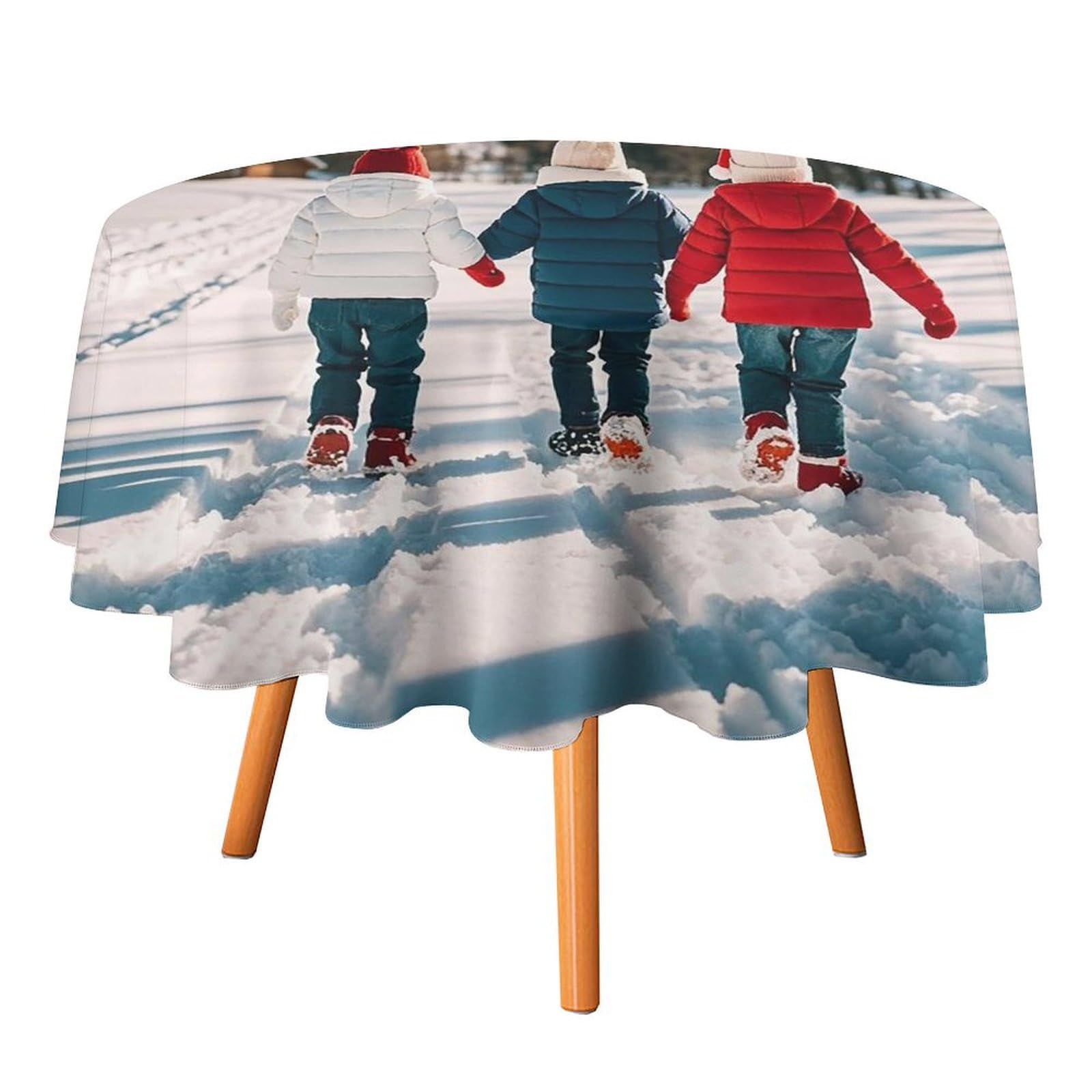 Nappe ronde imprimée neige de 177 cm lavable en machine pour table de salle à manger