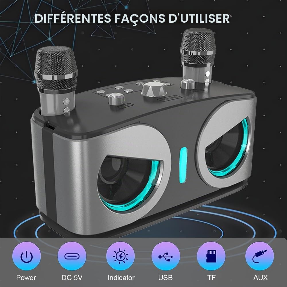 Machine de Karaoké avec 2 Microphones,Enceinte Karaoke 2 Micro Sans Fil pour Adultes Enfants,Portable Baffle Bluetooth Partybox avec Lumières Disco pour Les Réunions de Famille/Le Camping en Plein Air