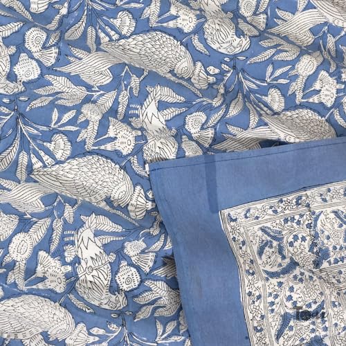 Image of TOAI Bedsheet for Double Bed King Size 108 inch x 108 inch |100% Pure Cotton 210TC | Hand Block Printed Jaipuri Bed Sheet | 2 Reversible Pillow Covers 18 inchx27 inch |Blue White Parrots