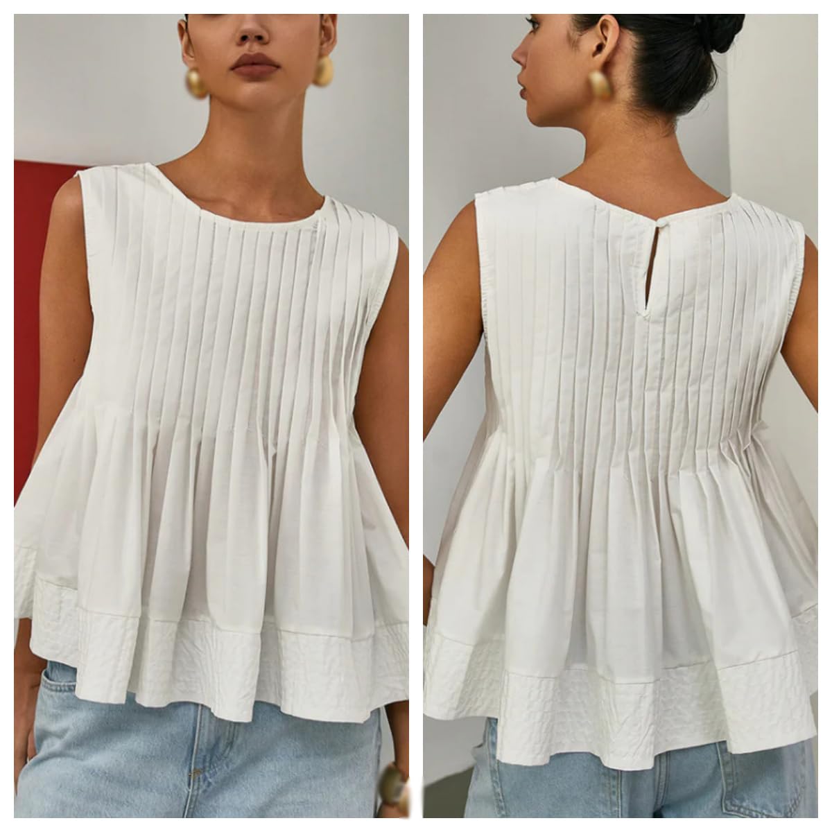 Generisch Ärmellose Bluse mit Peplum-Ausschnitt für Damen, 2025 Rundhalsausschnitt, Babydoll-Bluse, Peplum-Tops
